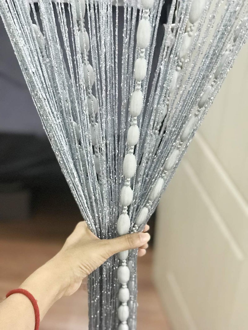 Eyotool Door String Curtain Flat Silver Ribbon Thread with Shaggy Tassel Room Divider, 39â€™â€™x79â€™â€™ (Grey-style2) - Image 3